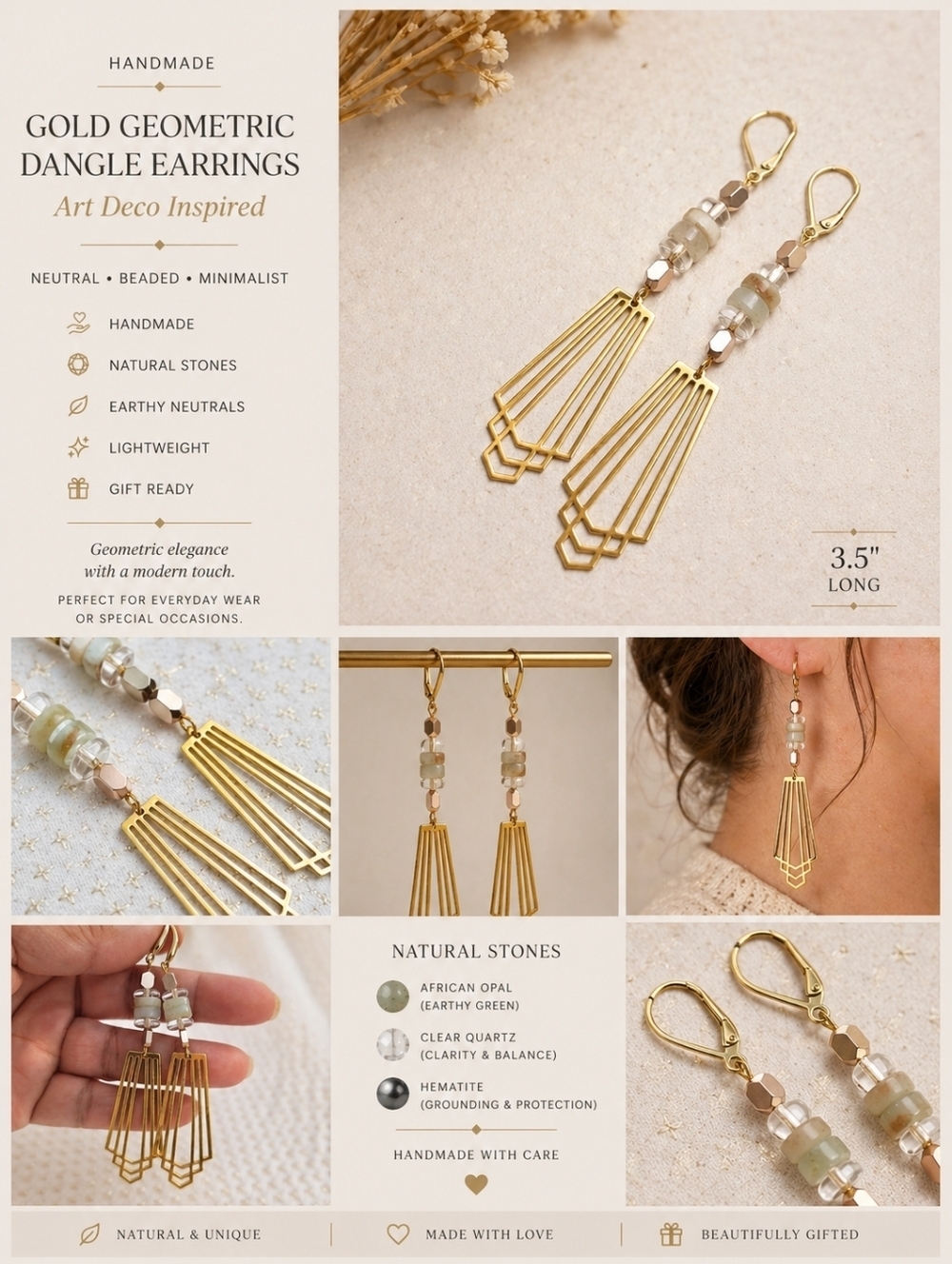 Handmade Gold Geometric Dangle Earrings Art Deco Minimalist Neutral Beaded 3.5"